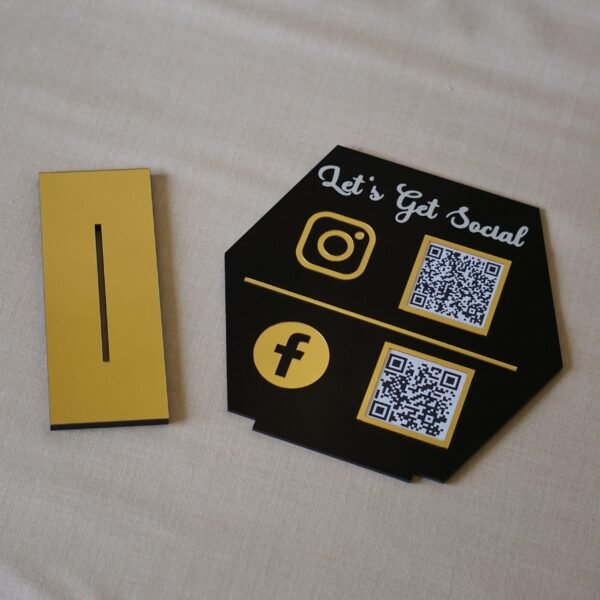 DSC06345 (1) quick response scan stand in black and gold lets get social written on the scan stand