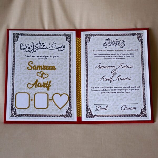 DSC06593 nikah nama booklet certificate with thumb print space and golden acrylic lettering