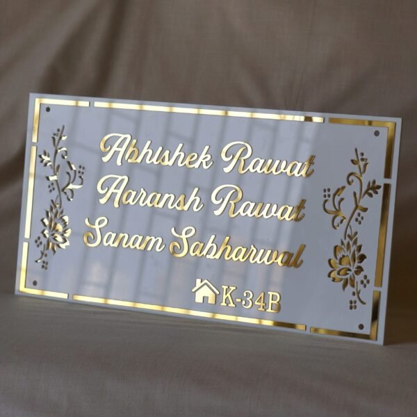 DSC06626 acrylic nameplate with floral design on side and house number in white and gold color in rectangle shape