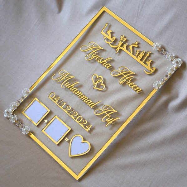 DSC067211 nikah thumb board in transparent and golden color. square design with embellishments on diagonal corners.
