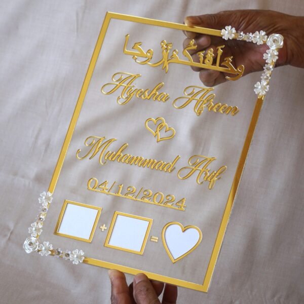 DSC06723 nikah thumb board in transparent and golden color. square design with embellishments on diagonal corners.