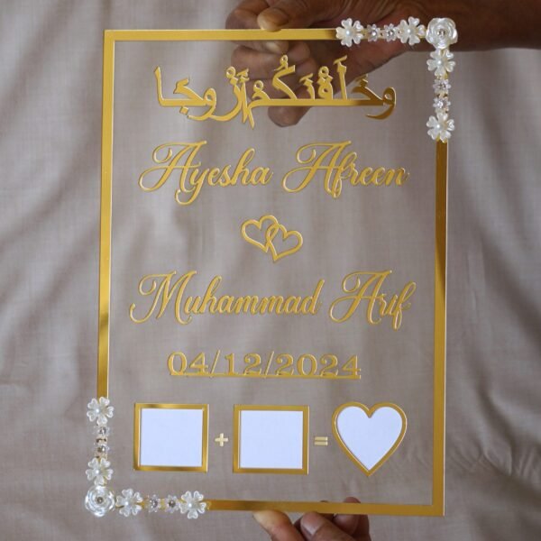 DSC06726 nikah thumb board in transparent and golden color. square design with embellishments on diagonal corners.