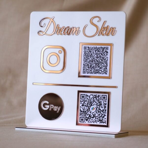 qr code scan stand in white and pink with payment and social media option