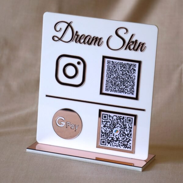 qr code scan stand in white and pink with payment and social media option