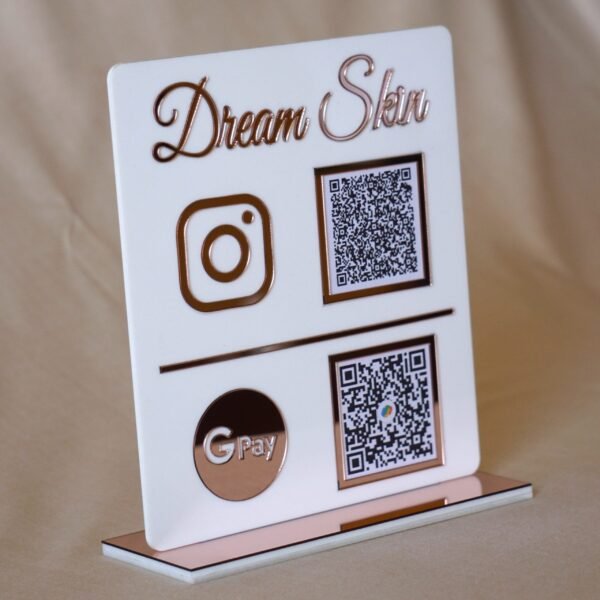 qr code scan stand in white and pink with payment and social media option
