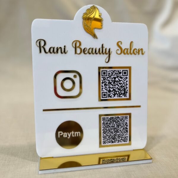 IMG_4161 business scanner stand in white and gold with logo and 2 qr codes
