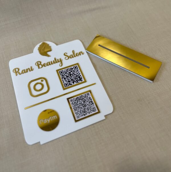 IMG_4177 business scanner stand in white and gold with logo and 2 qr codes