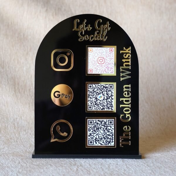 DSC06982 qr code display stand in black and golden for business fully customizable, 5 by 7 inches, payment and social media gateway.