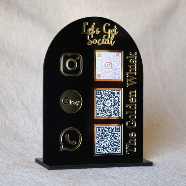 DSC06983 qr code display stand in black and golden for business fully customizable, 5 by 7 inches, payment and social media gateway.