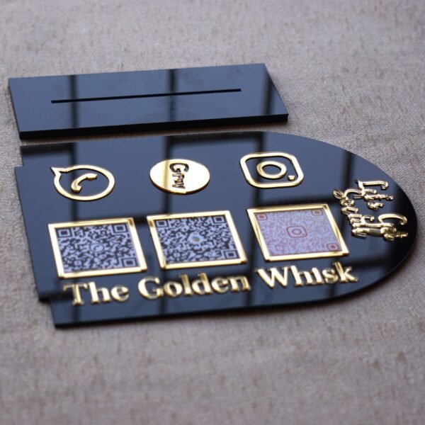 DSC07004 qr code display stand in black and golden for business fully customizable, 5 by 7 inches, payment and social media gateway.