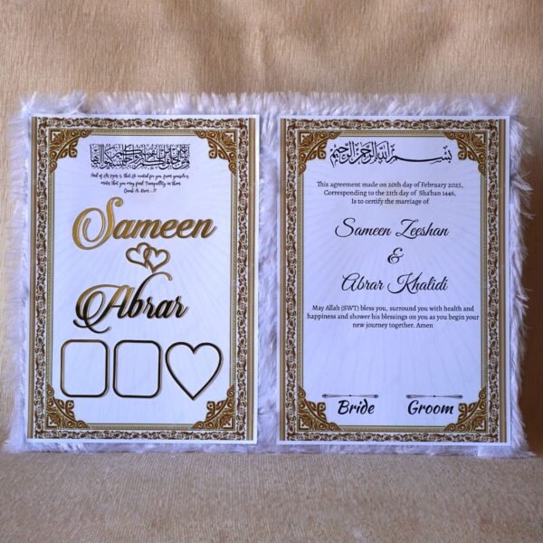 1000034983-01.jpeg Nikah Nama White Fur in premium quality made using acrylic, fully customizable nikah nama for wedding ceremony