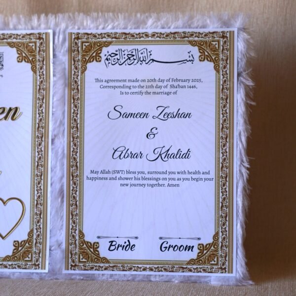 1739359592452 Nikah Nama White Fur in premium quality made using acrylic, fully customizable nikah nama for wedding ceremony