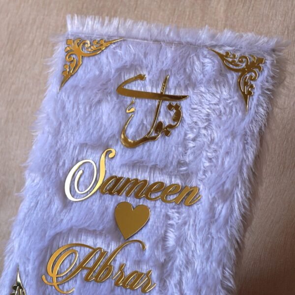 1739359592659 Nikah Nama White Fur in premium quality made using acrylic, fully customizable nikah nama for wedding ceremony