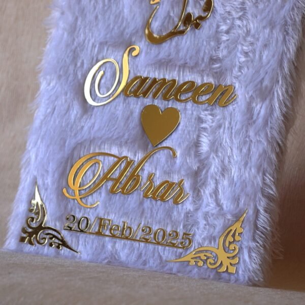 1739359592666 Nikah Nama White Fur in premium quality made using acrylic, fully customizable nikah nama for wedding ceremony