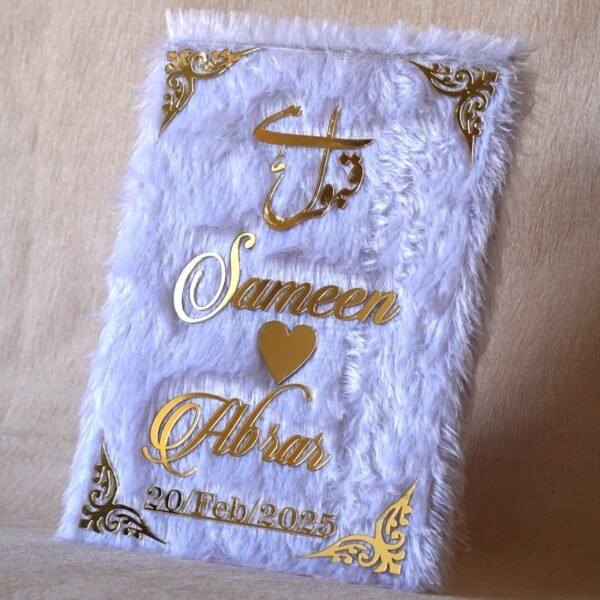 1739359592674 Nikah Nama White Fur in premium quality made using acrylic, fully customizable nikah nama for wedding ceremony