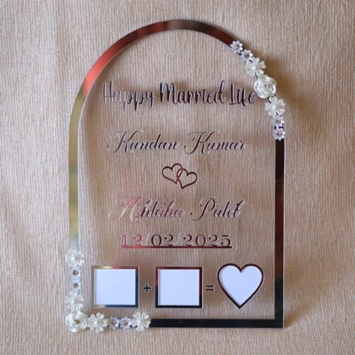 wedding thumb print frame in dome shape with floral embellishments and made with transparent and silver acrylic