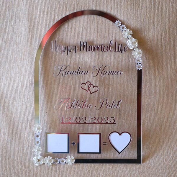 DSC07103 wedding thumb print frame in dome shape with floral embellishments and made with transparent and silver acrylic