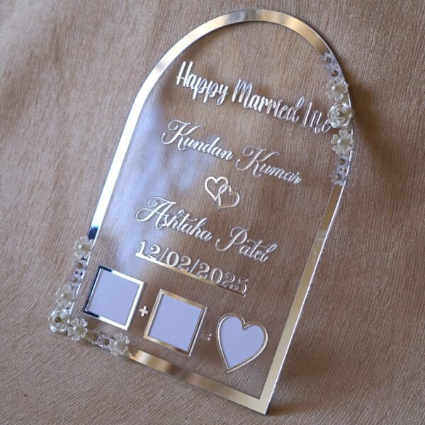 DSC07106 wedding thumb print frame in dome shape with floral embellishments and made with transparent and silver acrylic