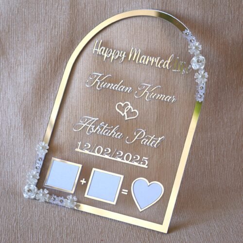 wedding thumb print frame in dome shape with floral embellishments and made with transparent and silver acrylic