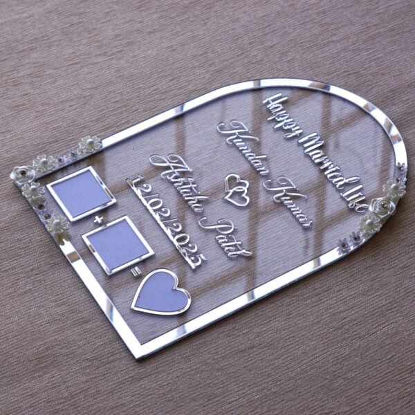 DSC07121 wedding thumb print frame in dome shape with floral embellishments and made with transparent and silver acrylic
