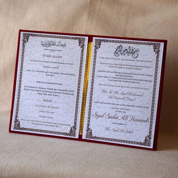 Nikah Invitation Booklet Made using red velvet and golden acrylic, the size of the product is 14 by 12 inches.
