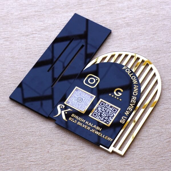 1740235489673 Acrylic QR stand with a golden grilled background for a premium look, this QR code stand is used for connecting with clients on social media and receiving payments seamlessly.