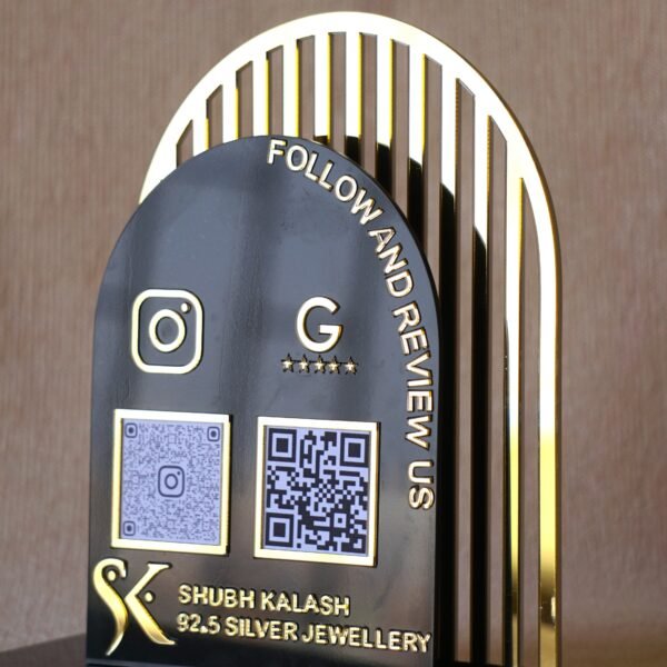 1740235489732 Acrylic QR stand with a golden grilled background for a premium look, this QR code stand is used for connecting with clients on social media and receiving payments seamlessly.