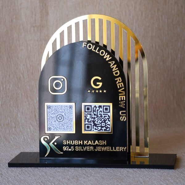 1740235489797 Acrylic QR stand with a golden grilled background for a premium look, this QR code stand is used for connecting with clients on social media and receiving payments seamlessly.