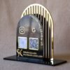 Acrylic QR stand with a golden grilled background for a premium look, this QR code stand is used for connecting with clients on social media and receiving payments seamlessly.