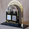 Acrylic QR stand with a golden grilled background for a premium look, this QR code stand is used for connecting with clients on social media and receiving payments seamlessly.