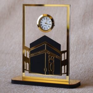 Islamic desk clock in Kaaba design, this product is made using acrylic, and this is used as a clock for an office desk, or it can be displayed on a shelf. It can be a perfect gift for Muslims.