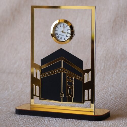 Islamic desk clock in Kaaba design, this product is made using acrylic, and this is used as a clock for an office desk, or it can be displayed on a shelf. It can be a perfect gift for Muslims.