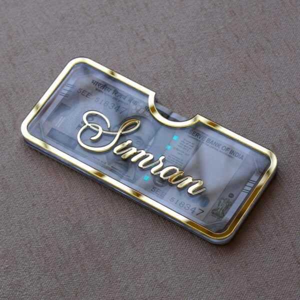 DSC07564 Customizable haq mahr gift envelope in golden and transparent colors; it can hold up to 20 notes. This envelope is perfect for elegantly presenting gift money, creating a memorable impression with a customizable name.