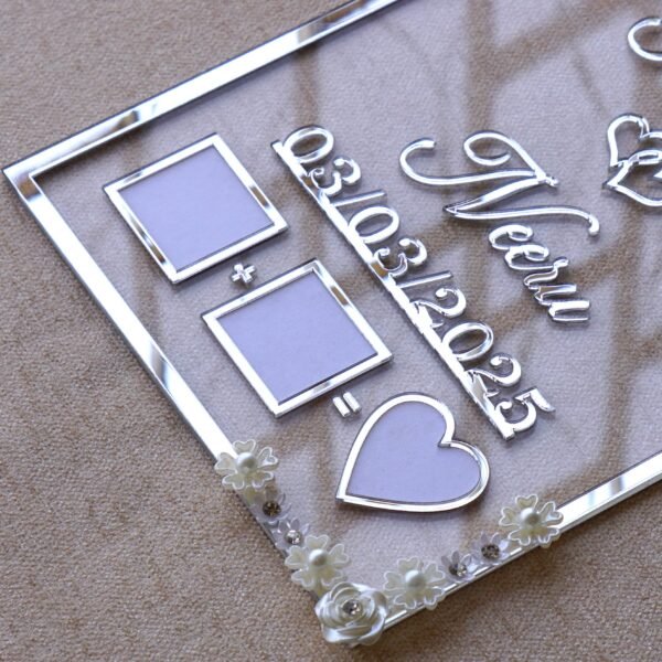 1741871520223 Transparent & silver acrylic personalized wedding thumbprint frame with floral corner embellishments, embossed bride and groom names and date, plus dedicated thumbprint spaces.