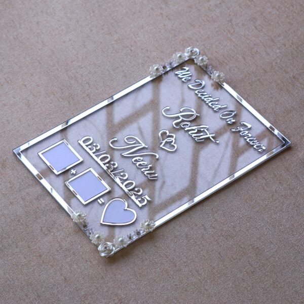 1741871520240 Transparent & silver acrylic personalized wedding thumbprint frame with floral corner embellishments, embossed bride and groom names and date, plus dedicated thumbprint spaces.