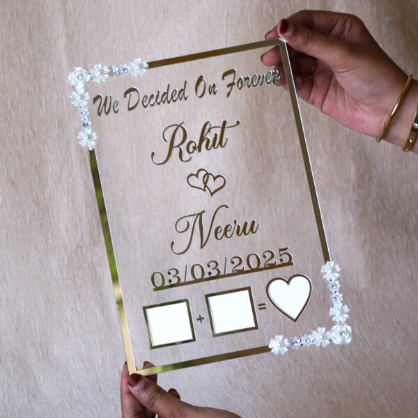 1741871520738 Transparent & silver acrylic personalized wedding thumbprint frame with floral corner embellishments, embossed bride and groom names and date, plus dedicated thumbprint spaces.