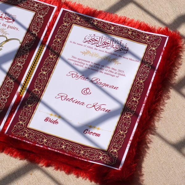 DSC07765 A red fur–clad nikah nama booklet with an acrylic cover and MDF backing, opened to blank pages for the bride’s and groom’s thumbprints and signatures as a lasting wedding keepsake