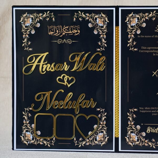 DSC07933 Black nikah nama made using black velvet, MDF, and acrylic cutouts; it can be a perfect wedding gift for couples. This can last forever; hence, it can be a perfect keepsake. Signing and thumbprinting this nikah nama can add a special moment to your wedding.