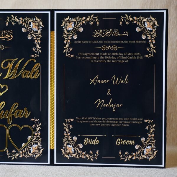 DSC079334 Black nikah nama made using black velvet, MDF, and acrylic cutouts; it can be a perfect wedding gift for couples. This can last forever; hence, it can be a perfect keepsake. Signing and thumbprinting this nikah nama can add a special moment to your wedding.