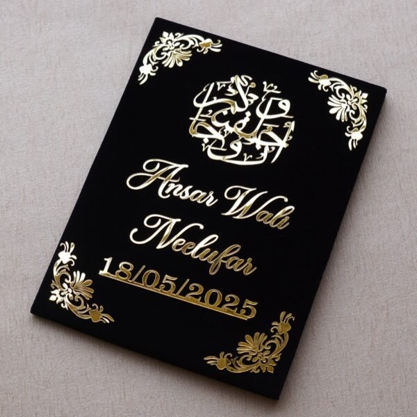 DSC07938 Black nikah nama made using black velvet, MDF, and acrylic cutouts; it can be a perfect wedding gift for couples. This can last forever; hence, it can be a perfect keepsake. Signing and thumbprinting this nikah nama can add a special moment to your wedding.