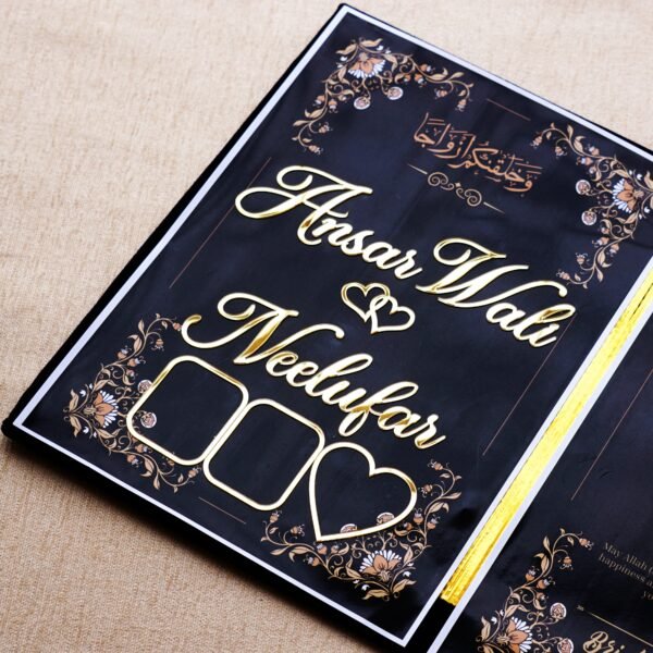 DSC07942 Black nikah nama made using black velvet, MDF, and acrylic cutouts; it can be a perfect wedding gift for couples. This can last forever; hence, it can be a perfect keepsake. Signing and thumbprinting this nikah nama can add a special moment to your wedding.