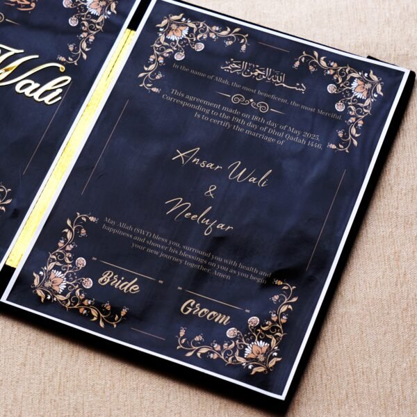 DSC07943 Black nikah nama made using black velvet, MDF, and acrylic cutouts; it can be a perfect wedding gift for couples. This can last forever; hence, it can be a perfect keepsake. Signing and thumbprinting this nikah nama can add a special moment to your wedding.