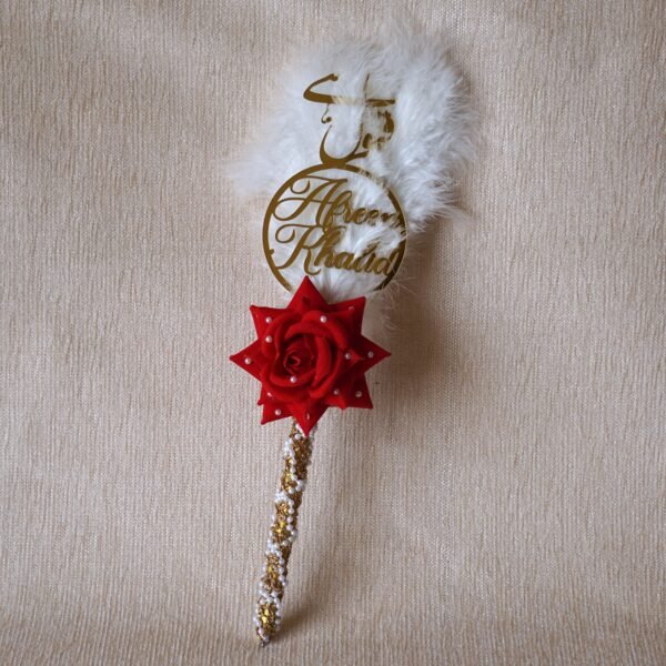 DSC07958 "Customizable Nikah pen adorned with feathers, decorative lace, a rose, and a personalized acrylic name cutout—ideal for signing the Nikah Nama.