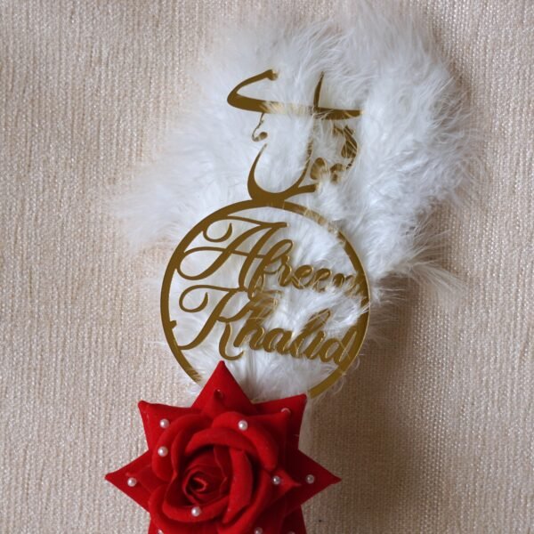 DSC07961 "Customizable Nikah pen adorned with feathers, decorative lace, a rose, and a personalized acrylic name cutout—ideal for signing the Nikah Nama.