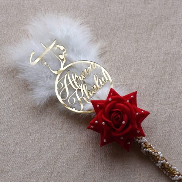 DSC07970 "Customizable Nikah pen adorned with feathers, decorative lace, a rose, and a personalized acrylic name cutout—ideal for signing the Nikah Nama.