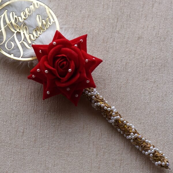 DSC07971 "Customizable Nikah pen adorned with feathers, decorative lace, a rose, and a personalized acrylic name cutout—ideal for signing the Nikah Nama.