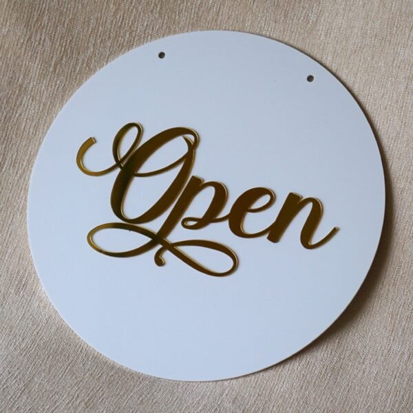DSC07975 Round 10x10 inch open closed signboard for shop, office, or business, made of durable acrylic in golden and white for a premium look.