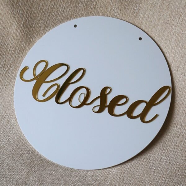 DSC07979 Round 10x10 inch open closed signboard for shop, office, or business, made of durable acrylic in golden and white for a premium look.