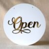 Round 10x10 inch open closed signboard for shop, office, or business, made of durable acrylic in golden and white for a premium look.