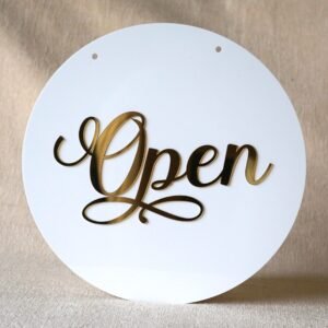 Round 10x10 inch open closed signboard for shop, office, or business, made of durable acrylic in golden and white for a premium look.